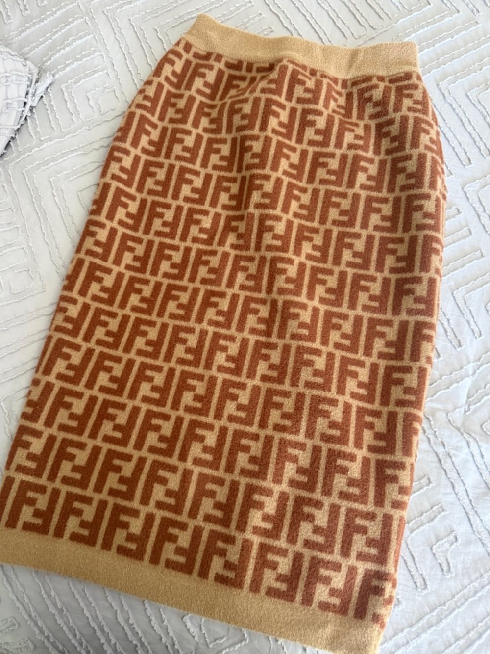 FF Logo Knit Pencil Skirt in Camel & Brown